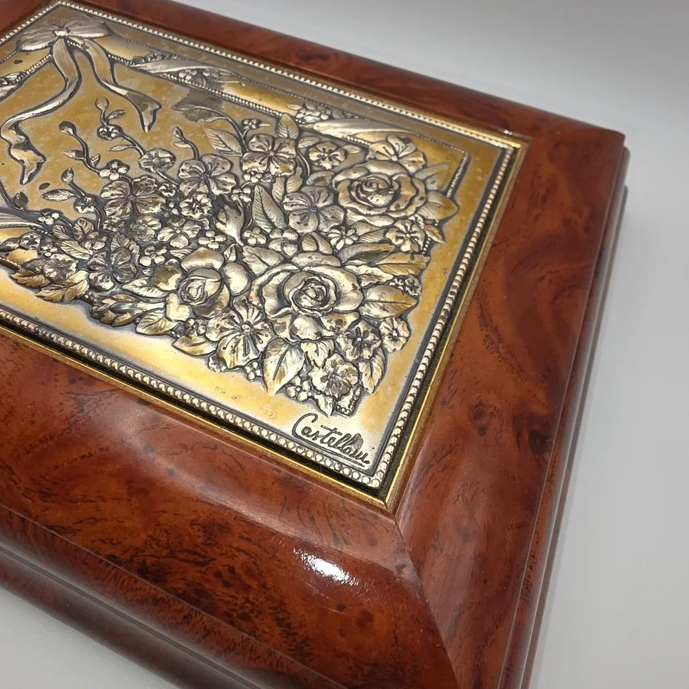 Acca Italy Burl Wood Jewelry Box Castellani Floral Sterling Silver 925 Plate